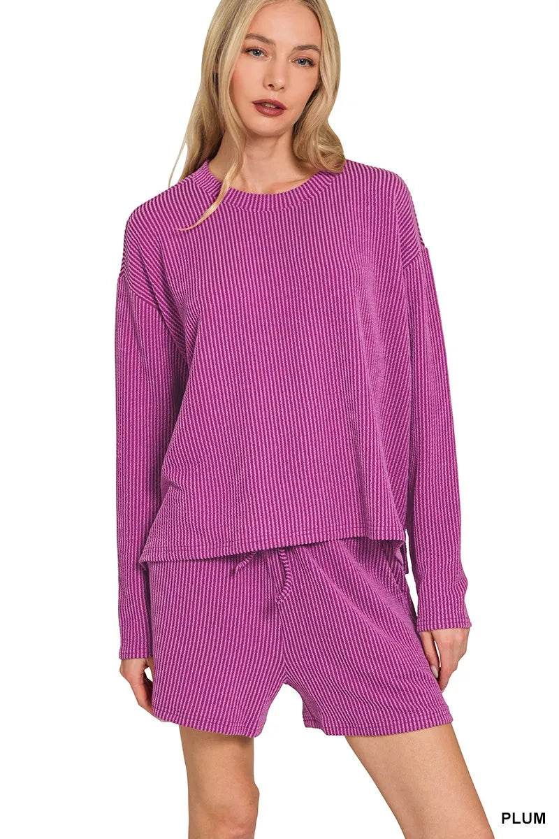 Zenana Corded Rib Long Sleeve Tee and Shorts Set PLUM Trendsi 483403739d8643578ab613b1a49badff-Max-Origin