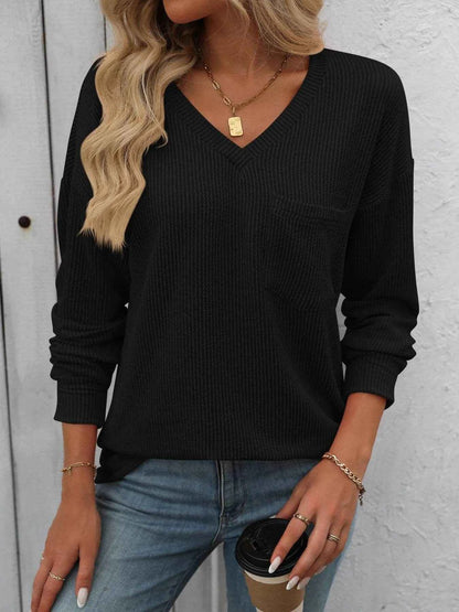 Ribbed V-Neck Long Sleeve T-Shirt Trendsi 483c257a-4a53-424c-b9b0-5f59a574ec4b-Max-Origin