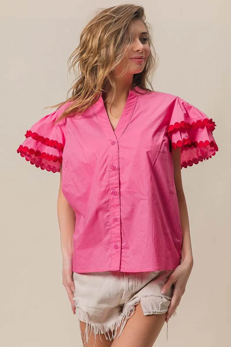 BiBi Dot Trim Flutter Sleeve Notched Top Trendsi 48412afe80354c9581ca53b3f674ae8c-Max-Origin