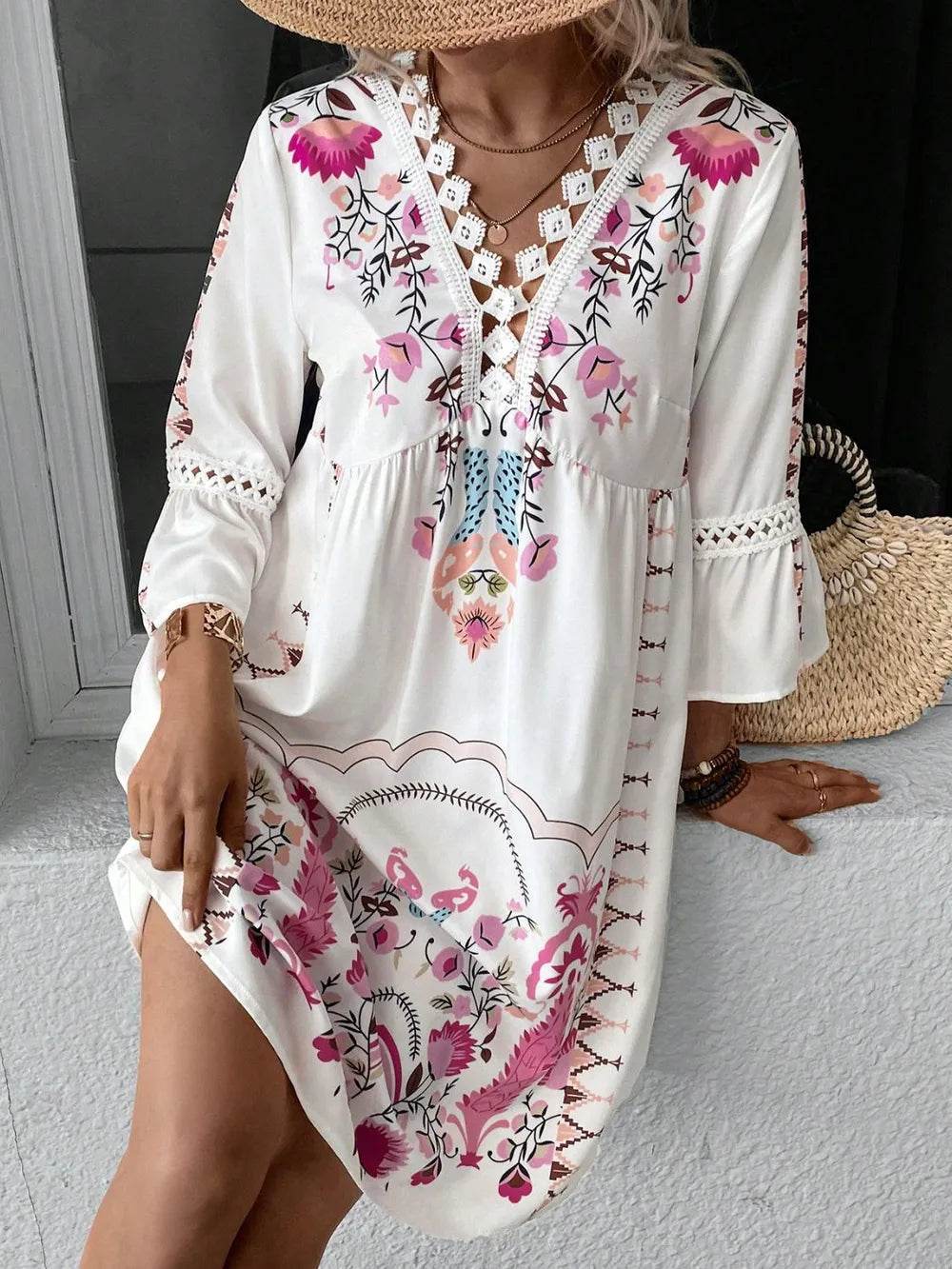 Lace Detail Printed Three-Quarter Sleeve Dress Trendsi 4863edb1-66ef-4a75-943b-8169a7945ebf-Max