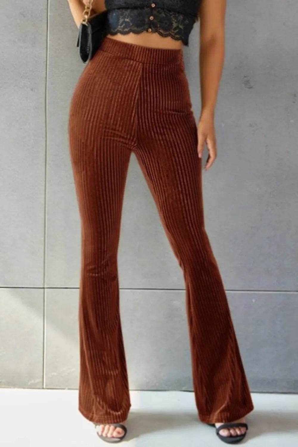 Ribbed High Waist Flare Pants Brown Trendsi 4894d596-f565-421d-aa10-e53a3c559b8f-Max