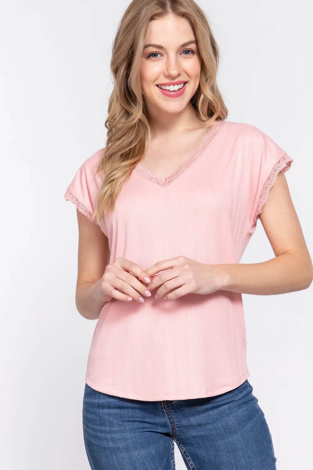 ACTIVE BASIC Lace Trim V-Neck Short Sleeve Ribbed Top PINK Trendsi 48a6c675-6d93-4821-8ffb-cdad45f91d86-Max