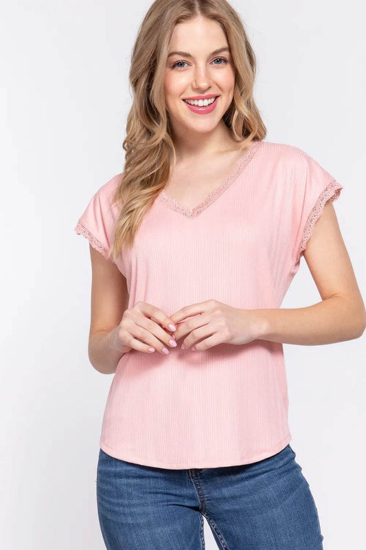 ACTIVE BASIC Lace Trim V-Neck Short Sleeve Ribbed Top PINK Trendsi 48a6c675-6d93-4821-8ffb-cdad45f91d86-Max