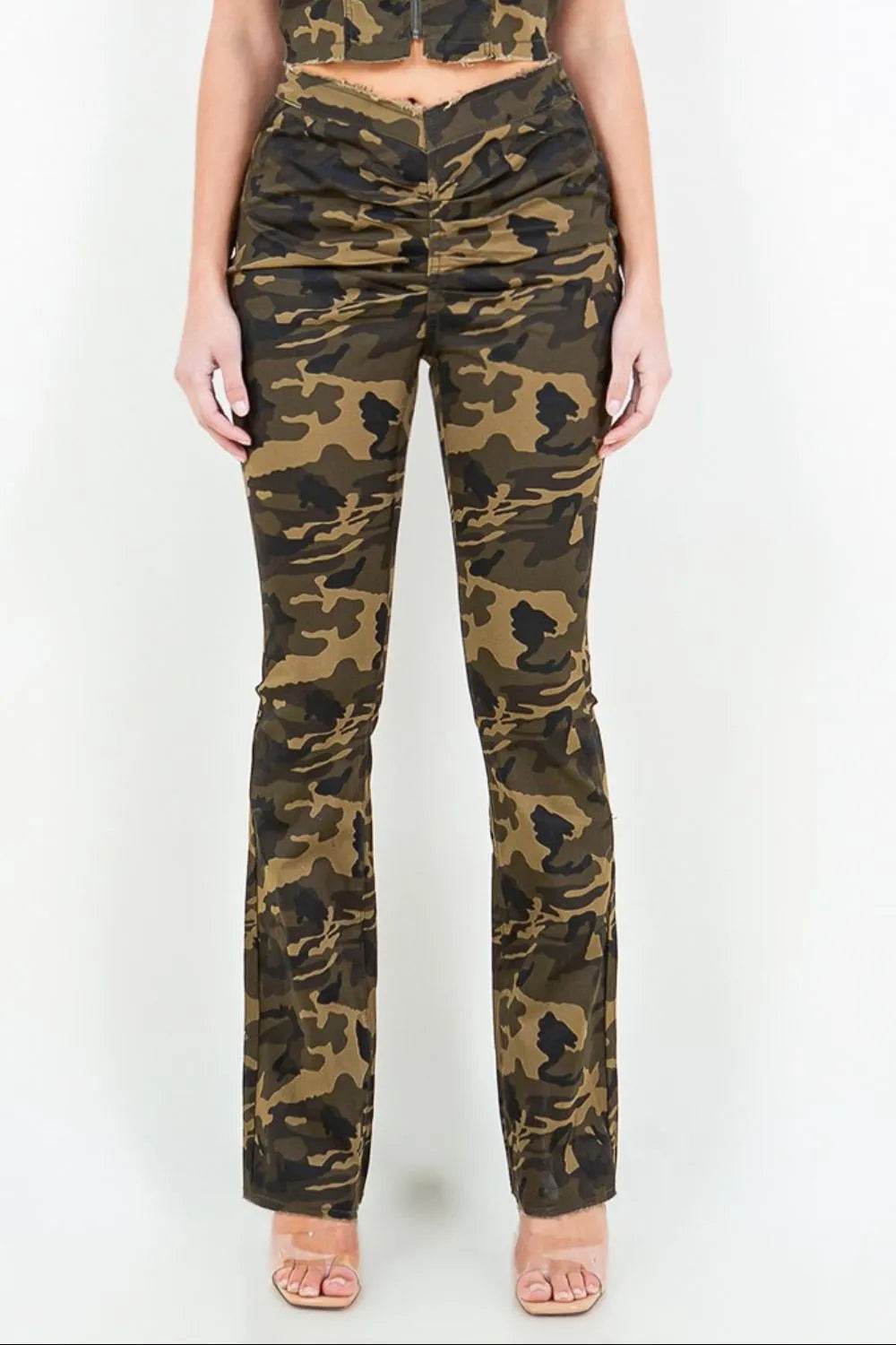 American Bazi V-Cut Ruched Camo Flare Pants Trendsi 491673c1-6263-4611-827c-51d597c37825-Max
