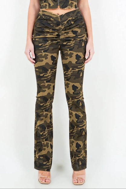 American Bazi V-Cut Ruched Camo Flare Pants Trendsi 491673c1-6263-4611-827c-51d597c37825-Max