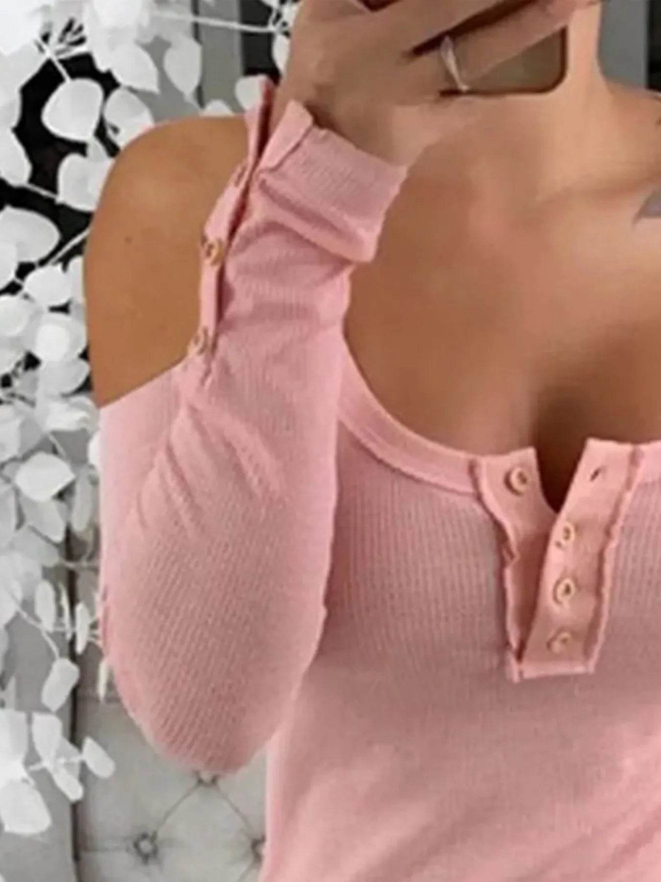 Cold Shoulder Ribbed Henley T-Shirt with Button Detail Trendsi 49179ade-a54d-4f3f-ad2b-8cf13b50b421-Max-Origin