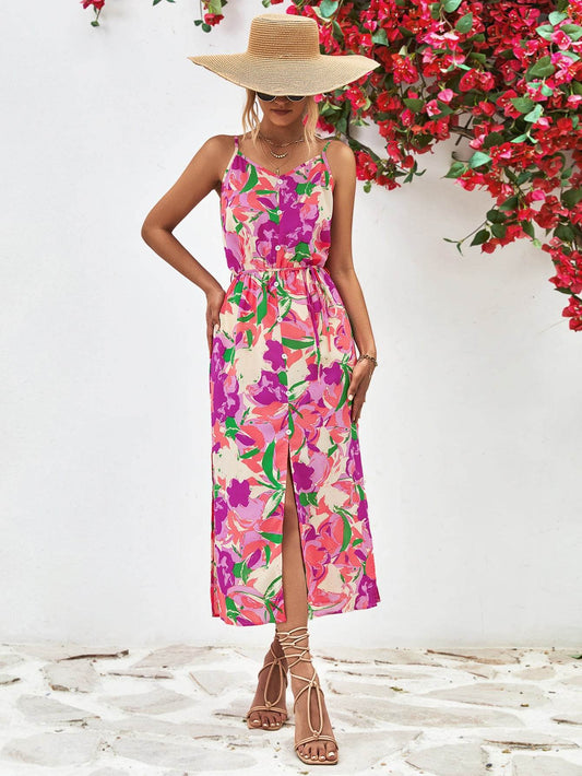 Printed Spaghetti Strap Front Slit Dress Red-Violet Trendsi 49222a0bbaa24dd8bffc2bcce9fccbdd-Max