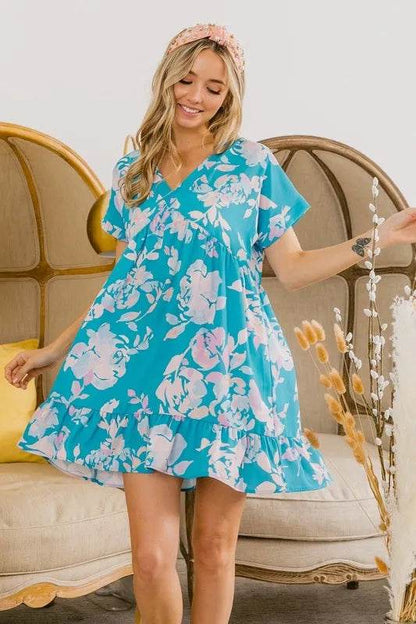 BiBi Floral Crinkle Shirred Ruffle Detail V Neck Dress SOFT BLUE Trendsi 4926c5c09777459994d8b81f693e1860-Max-Origin