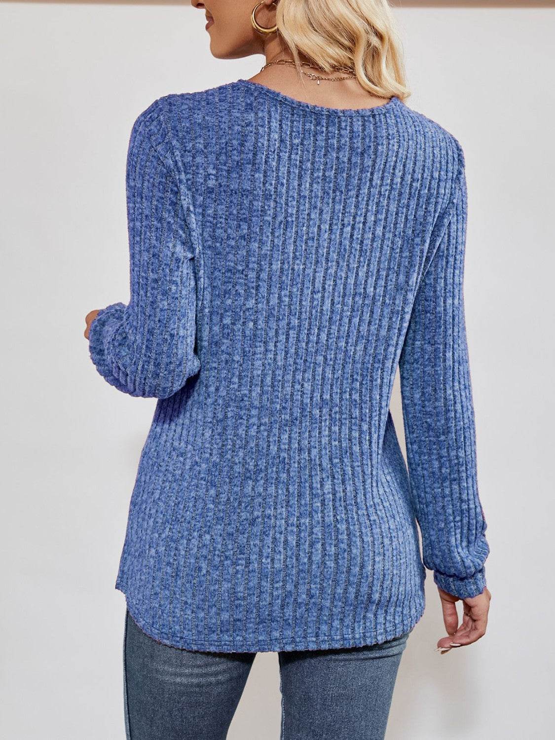 V-Neck Ribbed Long Sleeve Top Trendsi 4937dbfc42a4425bbaa138fee161a108-Max