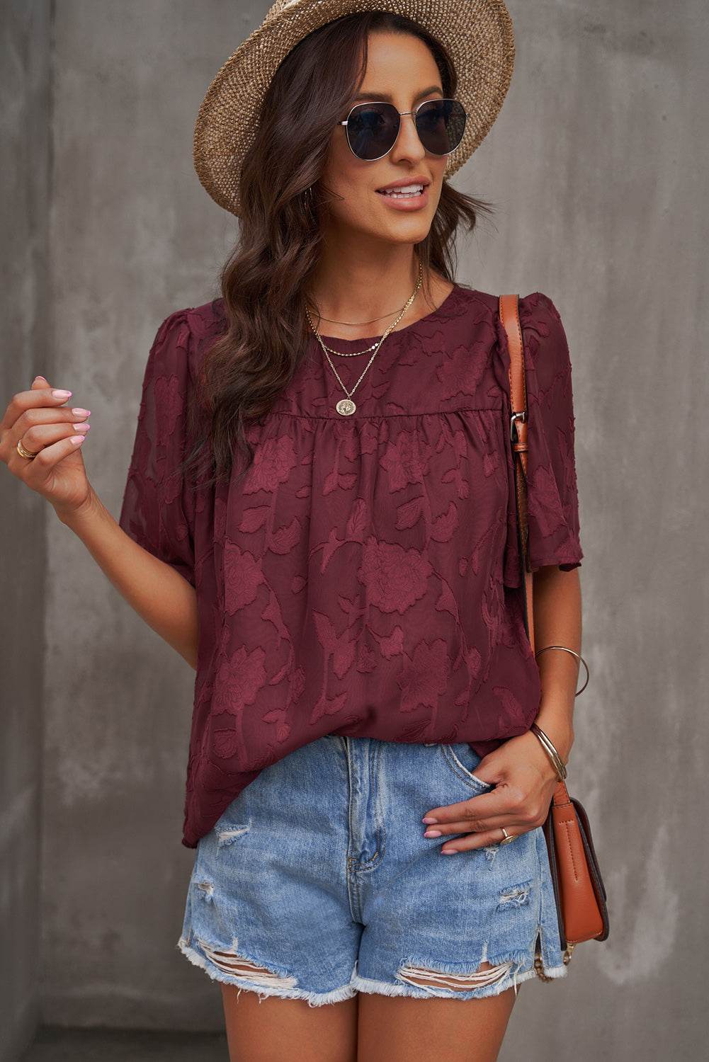 Round Neck Puff Sleeve Blouse Wine Trendsi 493d157c2294430f833cbb69a58fe035-Max