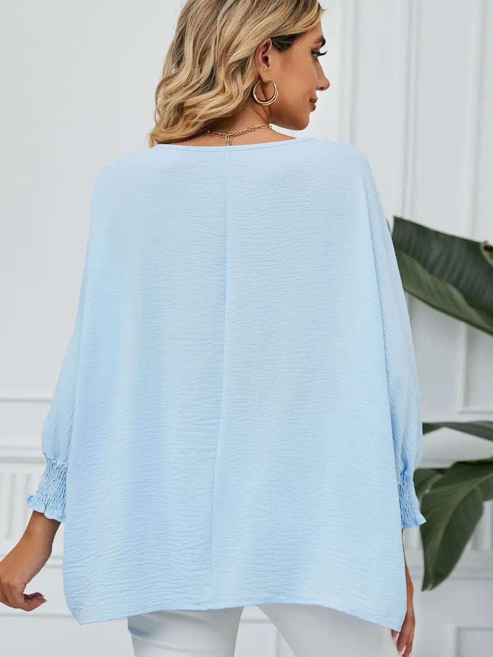 Smocked Lantern Sleeve Round Neck Blouse Trendsi 4944d05af2624ebfa3537b17be7ac1aa-Max