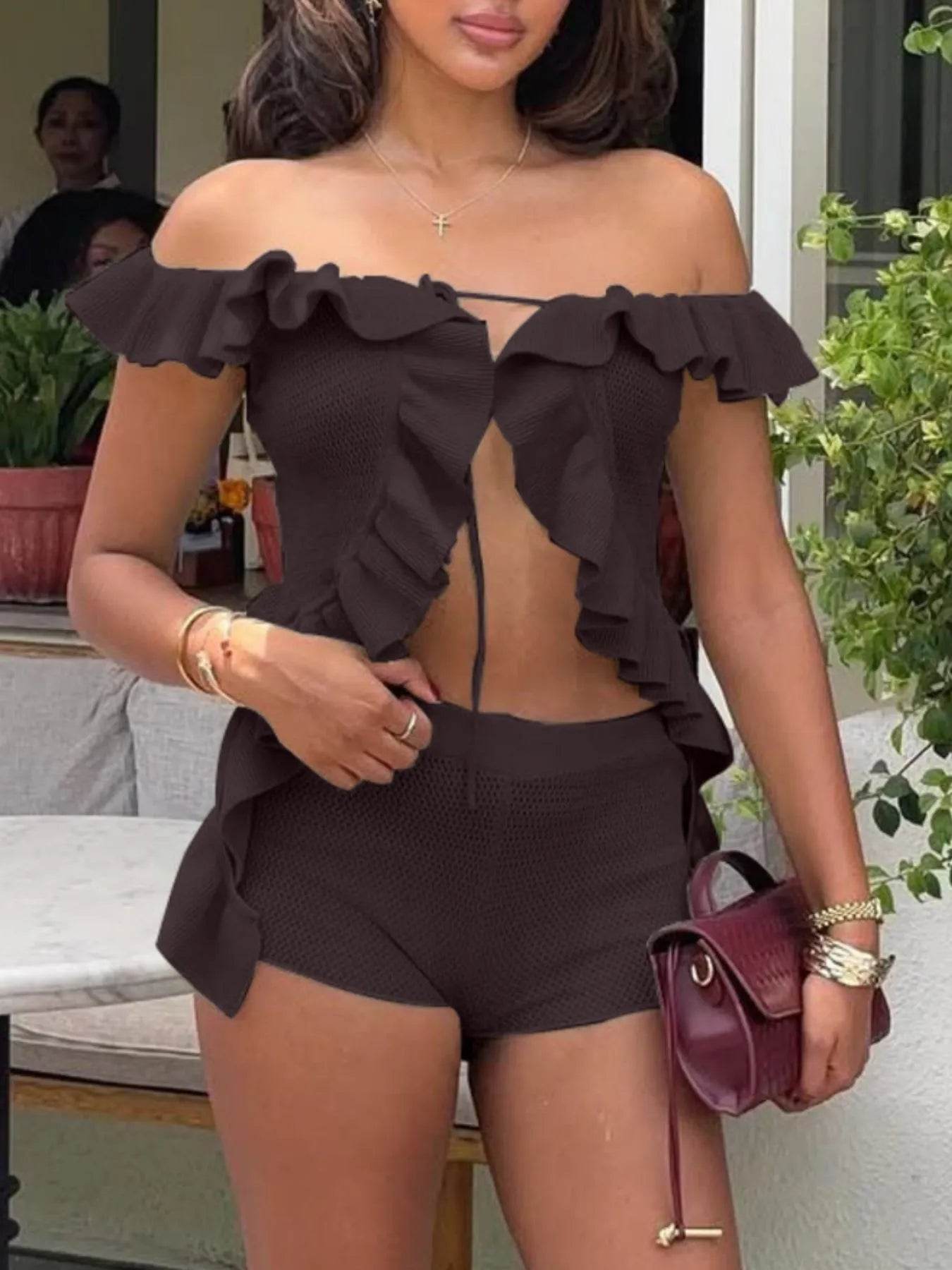 Off-Shoulder Ruffle Top and Shorts Sweater Set Trendsi 49583438-21e2-4992-9acf-d20f208c6bf6-Max-Origin