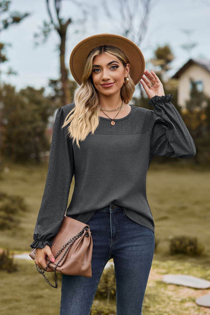 Round Neck Puff Sleeve Blouse Dark Gray Trendsi 49786905fe72413caad66b1d593300c0-Max