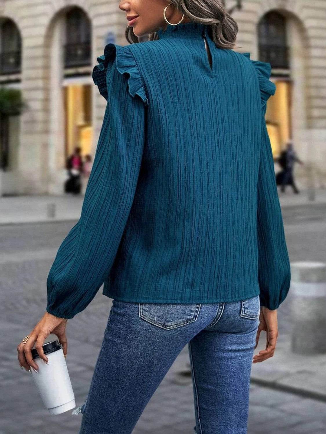 Mock Neck Ruffle Shoulder Blouse Trendsi 49b50642007444e0aff1e5bfc0fd1217-Max