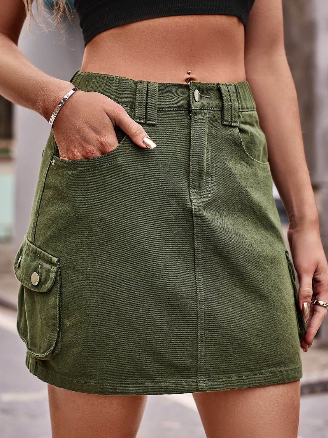 Denim Mini Skirt with Pockets Army Green Trendsi 49beeda33f034f6ebd851af719da0378-Max