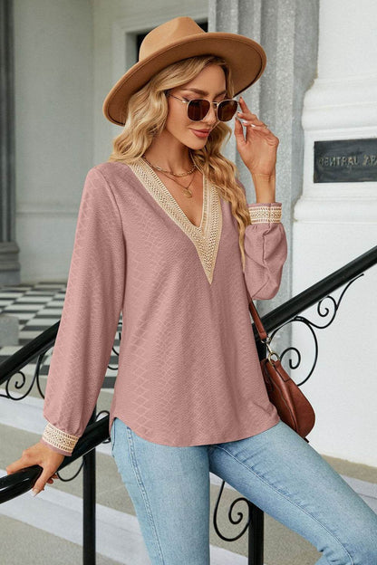 V-Neck Long Sleeve Blouse Trendsi 4a16aba650f442e3a692c6515d6bcdfe-Max
