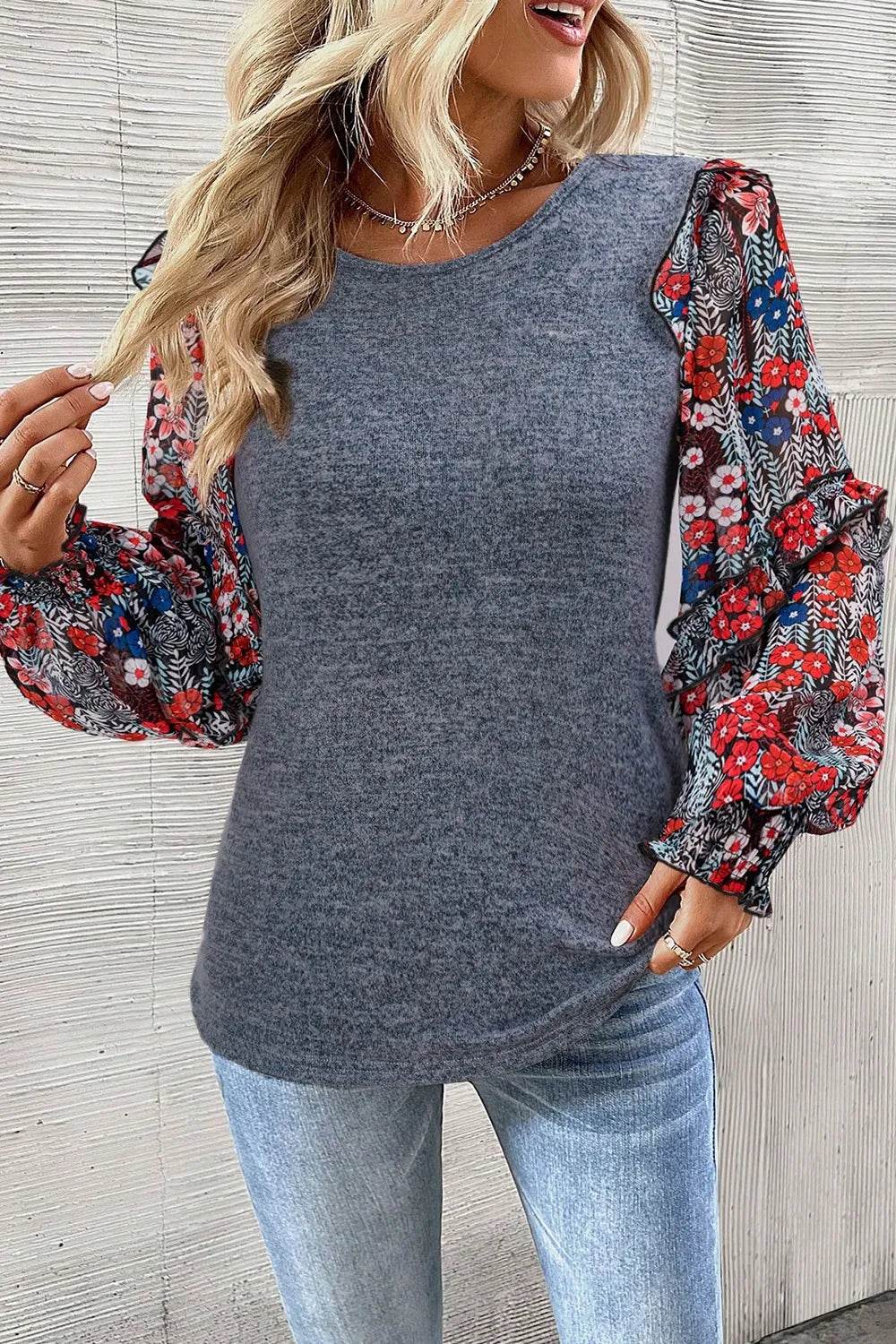 Heathered Floral Frill Lantern Sleeve Blouse Trendsi 4a2e344a-d27c-455c-b0da-eda80fdc108d-Max
