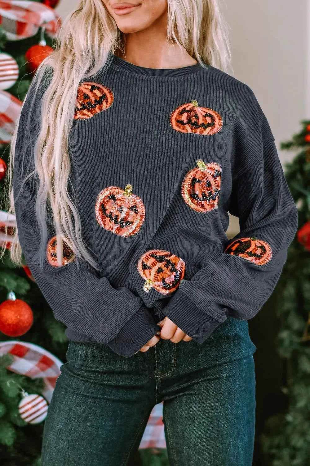 Sequin Patch Pumpkin Round Neck Sweatshirt Dark Gray Trendsi 4a2e7cdc-9511-4ee9-9a40-e38e6534cd8a-Max