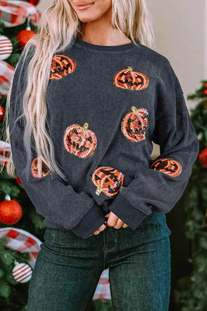 Sequin Patch Pumpkin Round Neck Sweatshirt Dark Gray Trendsi 4a2e7cdc-9511-4ee9-9a40-e38e6534cd8a-Max