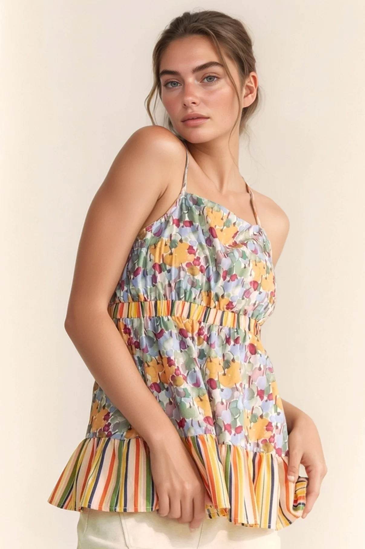 Davi & Dani Floral Smocked Sleeveless Ruffle Back Tie Top Trendsi 4a3200e354de46c187cd1ccbcc9ae2f3-Max-Origin