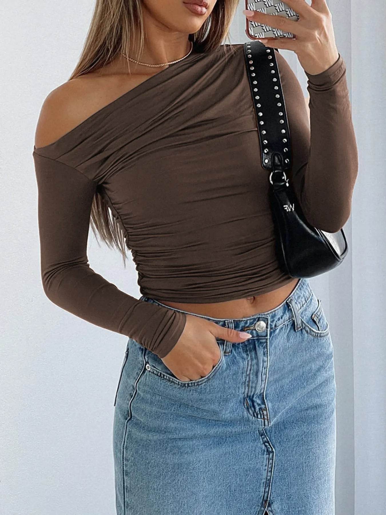 Ruffled Single Shoulder T-Shirt Brown Trendsi 4a3541410b56431da6d4c0f80c510795-Max-Origin