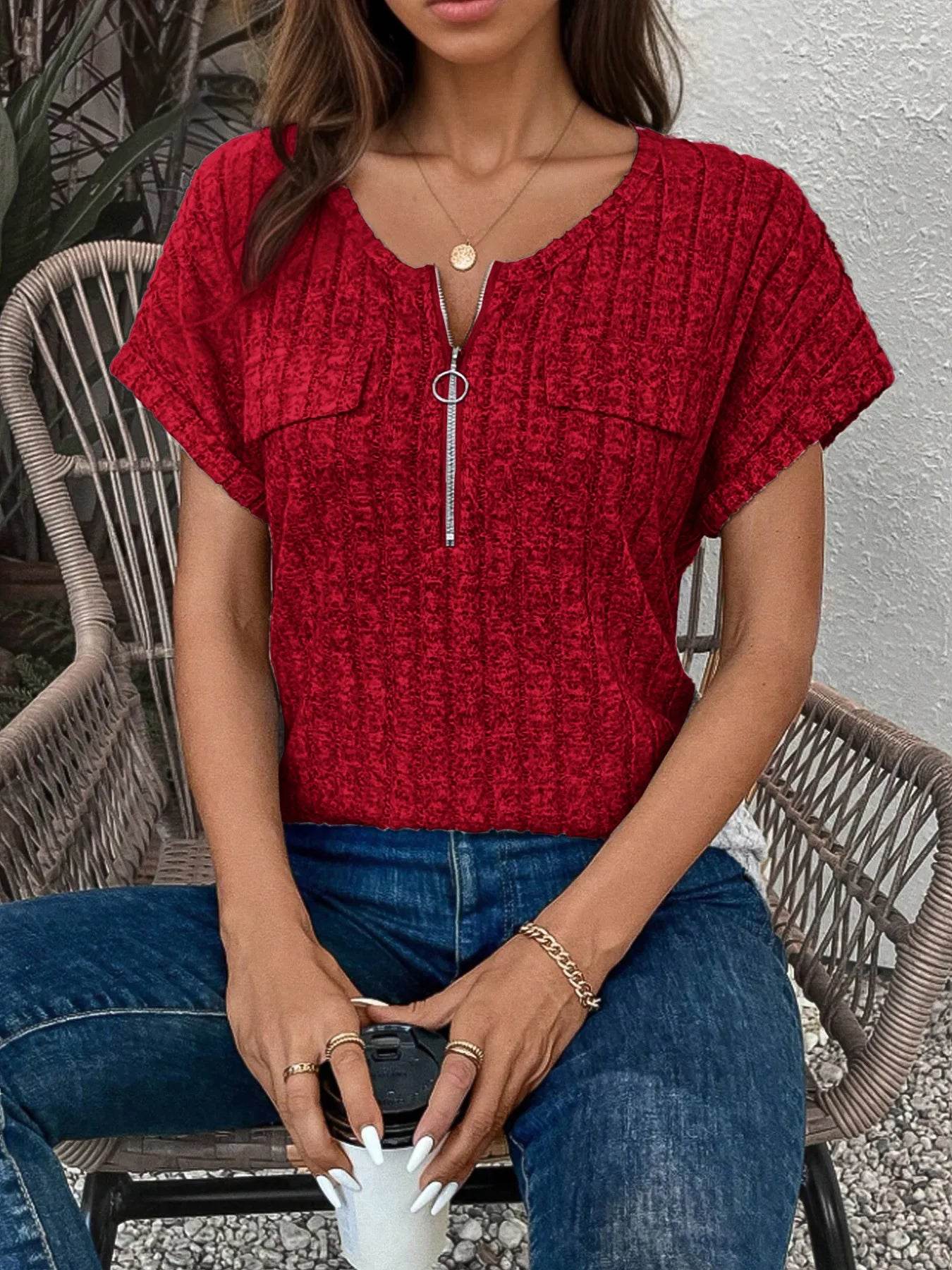 Zip-Front Short Sleeve T-Shirt Trendsi 4a40660d0c1d48739708cb8f28f5b807-Max-Origin