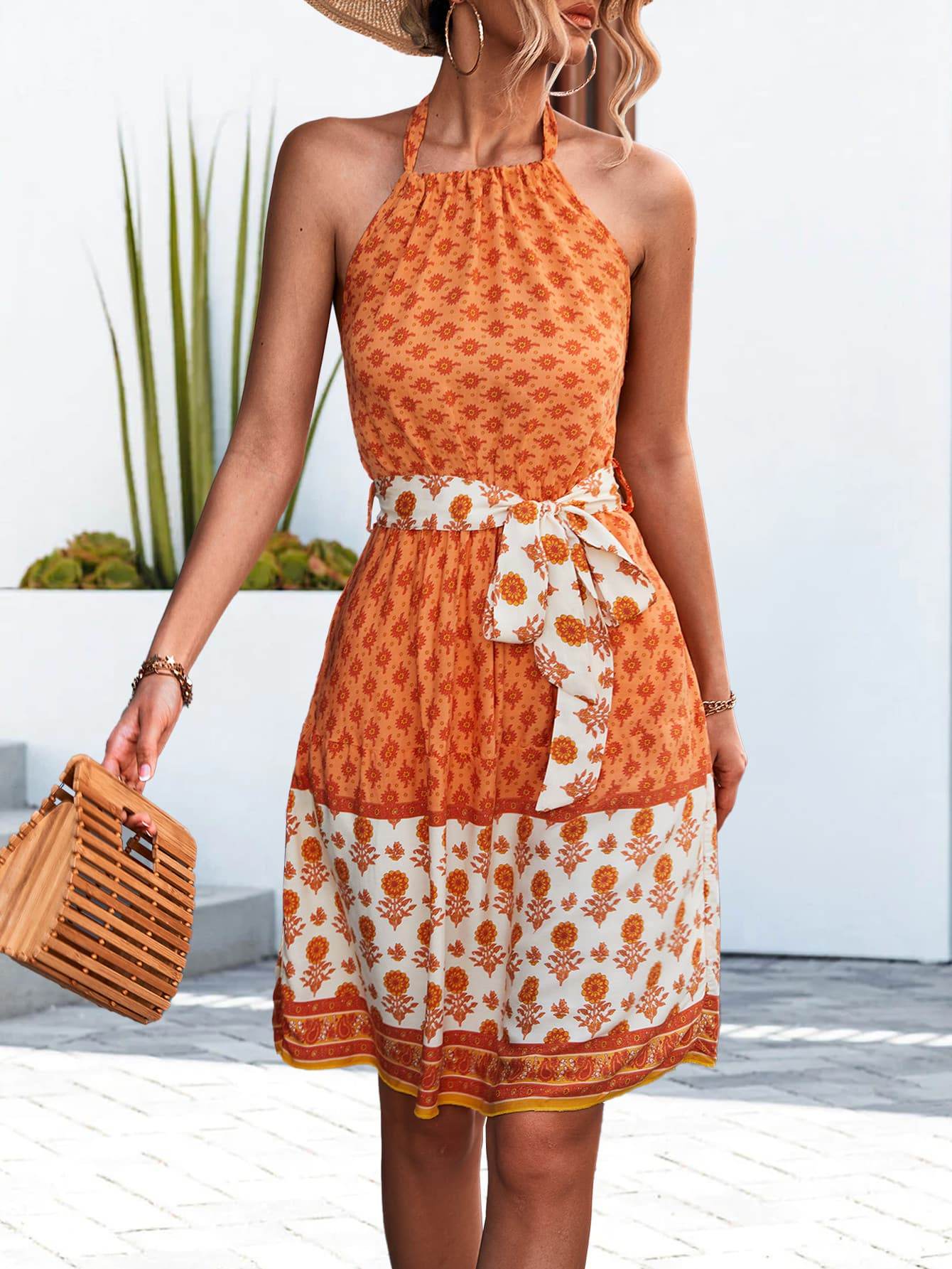 Floral Halter Neck Tie Waist Dress Trendsi 4a4ec5918f164ccf842556d9d5738b2b-Max