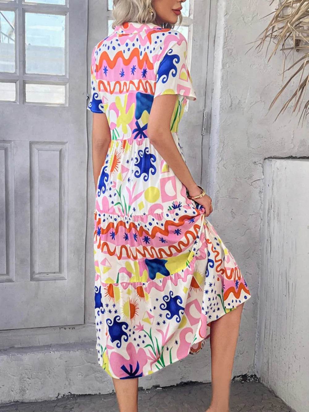 Devine Printed Johnny Collar Button Down Short Sleeve Midi Shirt Dress Trendsi 4a741242-5229-4ab2-a18c-7413c90d84e6-Max