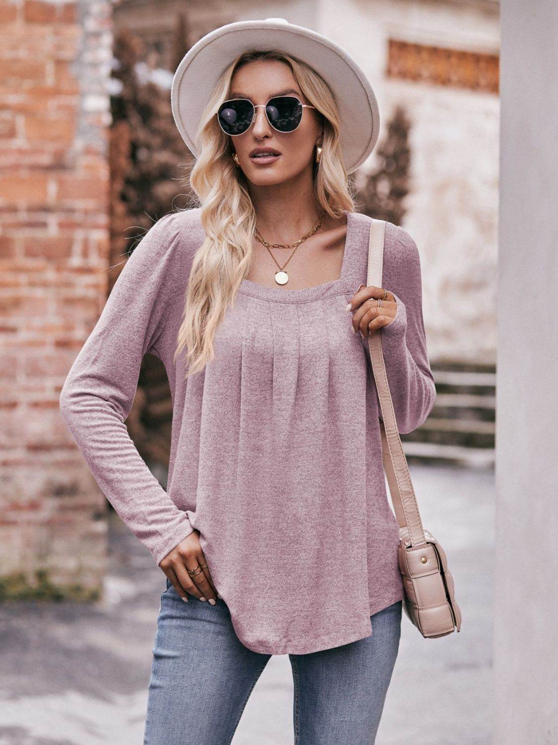 Mandy Pleated Detail Curved Hem Long Sleeve Top Lilac Trendsi 4a988dfe1538478cba2276ed621859e7-Max