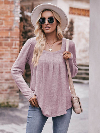 Mandy Pleated Detail Curved Hem Long Sleeve Top Lilac Trendsi 4a988dfe1538478cba2276ed621859e7-Max
