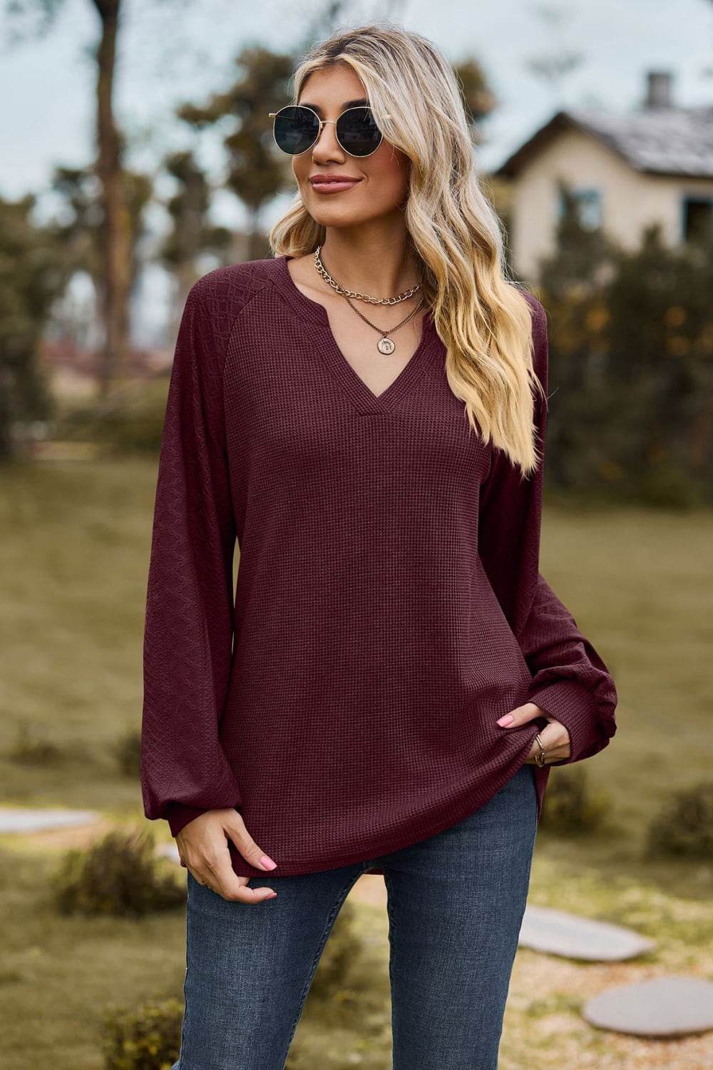 Notched Neck Raglan Sleeve Blouse Trendsi 4ab478a0d1bc4f128ef23618b60f2368-Max