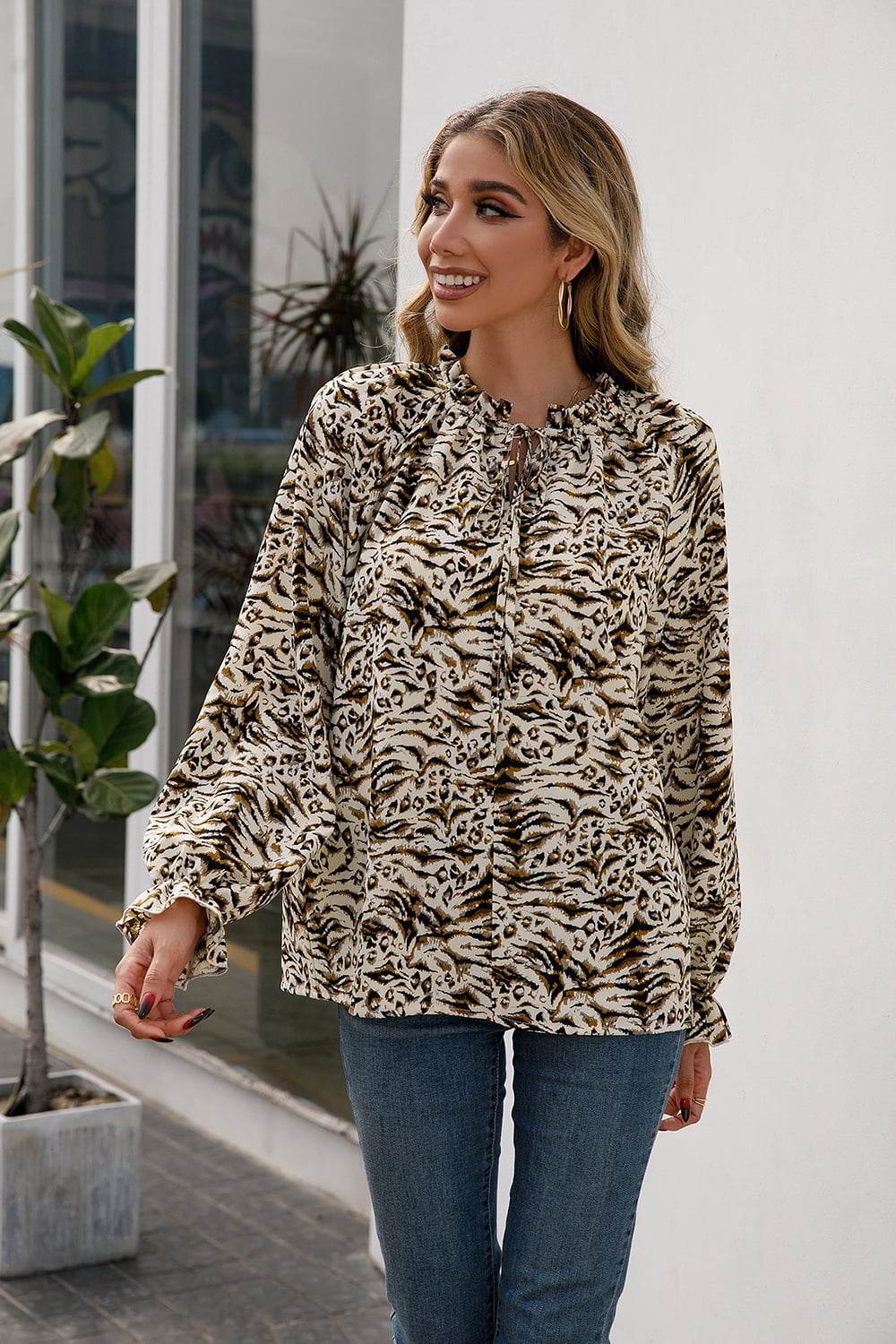 Ivy Lane Printed Tie Neck Frill Trim Flounce Sleeve Blouse Trendsi 4ac8f3f4db6542d58f4882d64357da2f-Max