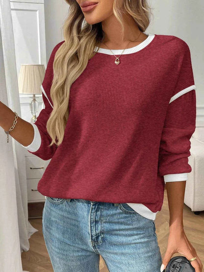 Ribbed Contrast Trim Long Sleeve Top Burgundy Trendsi 4b081854-5208-44b2-9eb9-0d6e86c7958b-Max-Origin