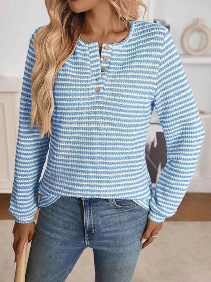 Striped Button Detail Long Sleeve Top Blue Trendsi 4b177e1f38964c088f9bc8077ba523b9-Max-Origin