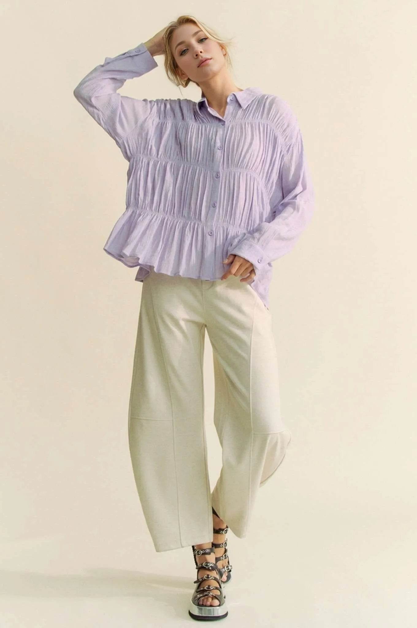 Davi & Dani Ruched All Over Button Front Shirt Trendsi 4b1b027cc42d463392bf336a966b2001-Max-Origin