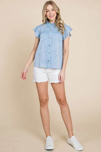 Lime 'N' Chili Mineral Wash Flutter Sleeve Button Down Shirt Trendsi 4b7ac488-0cff-4d03-9968-53ef18a6b414-Max