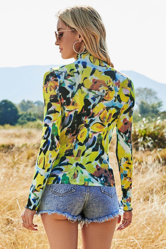 Printed Mock Neck Long Sleeve Blouse Trendsi 4b960a5eadf04c7689e857534a0970c3-Max