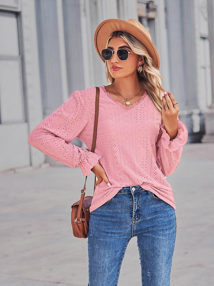 Eyelet V-Neck Flounce Sleeve Blouse Trendsi 4bab02965ca94d9eb759c29c1e0d3c07-Max