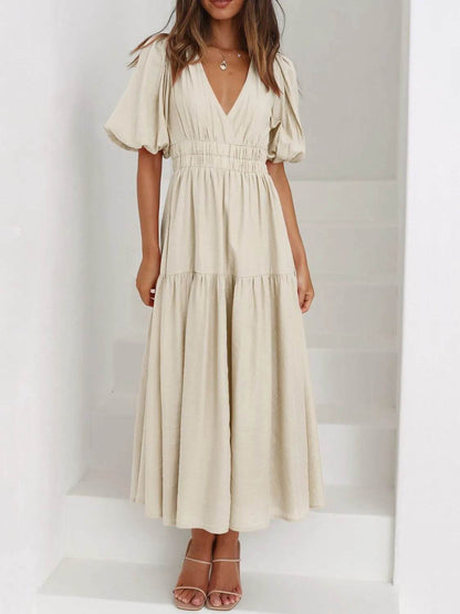 V-Neck Puff Sleeve Midi Dress Beige Trendsi 4bc3f8aa-2cbc-4bed-ab25-6aec67ce5f19-Max-Origin