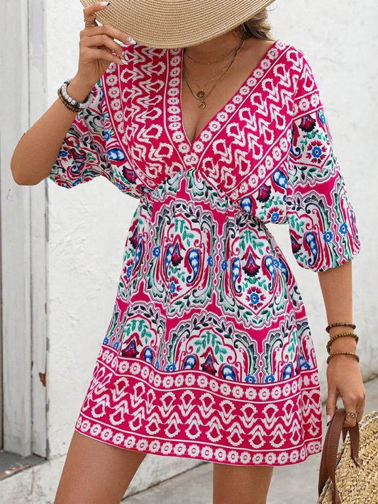 Printed Tie Back Half Sleeve Mini Dress Hot Pink Trendsi 4bfc695e-6617-4744-ac51-c09dafc7e94d-Max-Origin