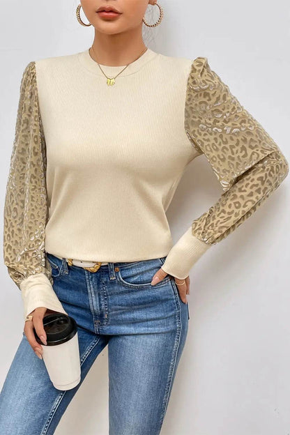 Leopard Print Long Sleeve Ribbed Knit Blouse Trendsi 4c0ff6807ff540b99f11f114978ec4a5-Max