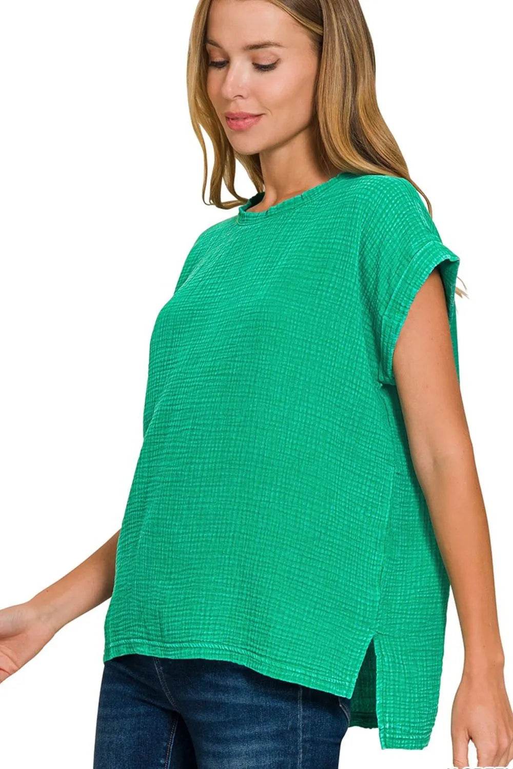 Zenana Woven Double Gauze Acid Washed Short Sleeve Top Trendsi 4c1ba92b-7ae0-440d-8d1b-010237c81989-Max-Origin