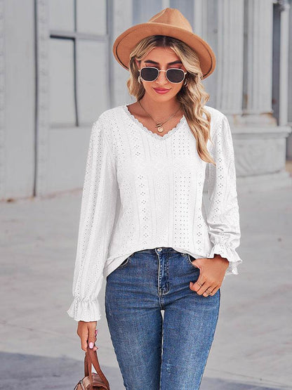 Eyelet V-Neck Flounce Sleeve Blouse Trendsi 4c30ef7503bd43c4ad01333afbd6893a-Max
