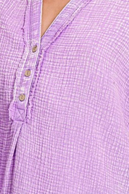 Zenana Washed Double Gauze 3/4 Button Henley Neck Shirt Trendsi 4c54f70e-49ab-4c62-82d2-06e87c0c20a2-Max-Origin