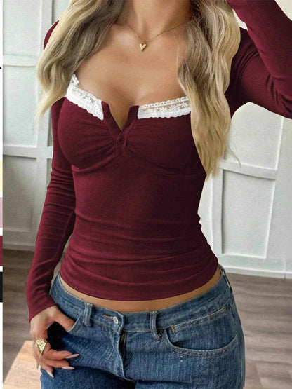 Lace Trim Long Sleeve T-Shirt Burgundy Trendsi 4c6ae541ae8340fd8cd7eef5c5df036f-Max-Origin