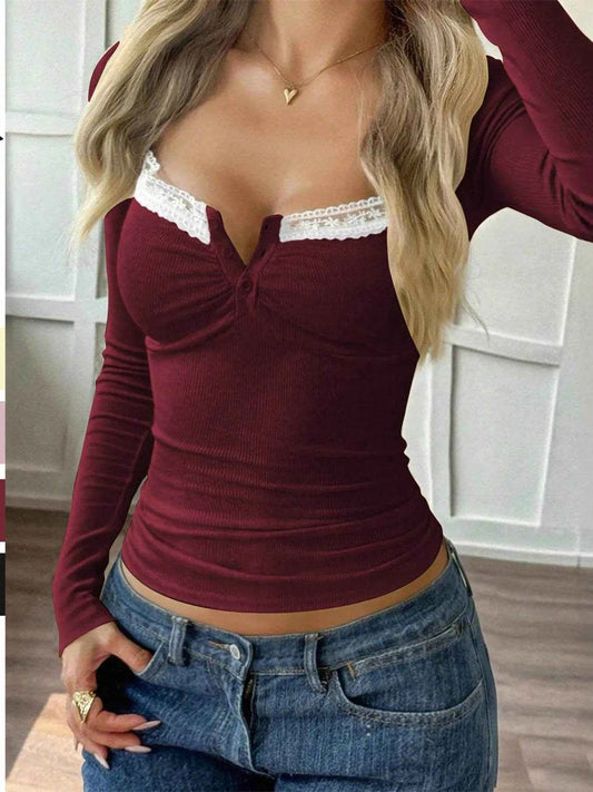 Lace Trim Long Sleeve T-Shirt Burgundy Trendsi 4c6ae541ae8340fd8cd7eef5c5df036f-Max-Origin