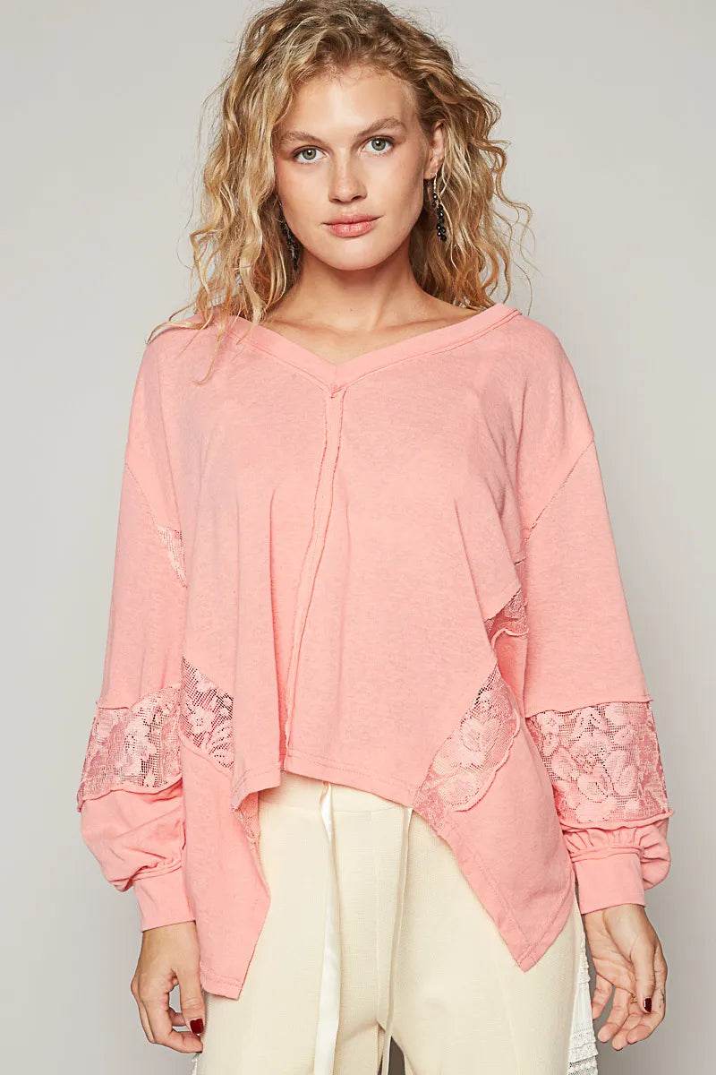 POL V-Neck Long Sleeve T-Shirt with Lace Detail Blush Pink Trendsi 4c879202-aa02-4ce3-8565-e930d0e68d99-Max-Origin