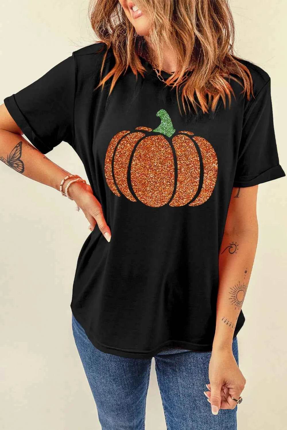 Glitter Pumpkin Round Neck Short Sleeve T-Shirt Black Trendsi 4c895289-b0cf-4503-941b-142a679249ce-Max