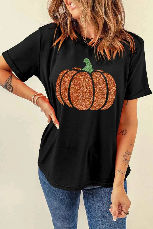 Glitter Pumpkin Round Neck Short Sleeve T-Shirt Black Trendsi 4c895289-b0cf-4503-941b-142a679249ce-Max
