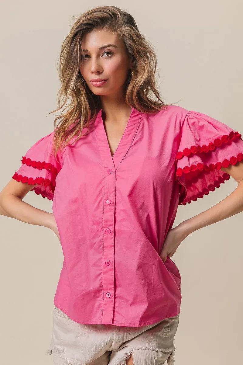 BiBi Dot Trim Flutter Sleeve Notched Top Trendsi 4cebc4a954814b2d877e61dd59dbf88d-Max-Origin